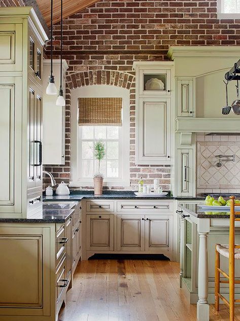 Kitchen With Brick, Brick Inspiration, Porch Enclosure, Victorian Kitchens, Light Cabinets, Appliance Garage, Lot 29, Look Wallpaper, Brick Kitchen