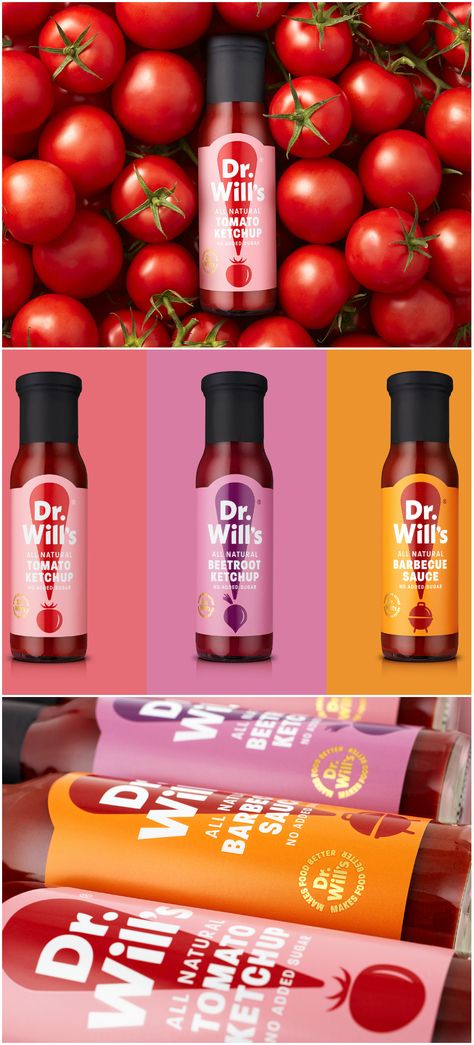 B&B studio - Dr Will's rebrand #condiments #sauces #packaging Bbq Sauce Packaging, Premium Bottle Packaging, Ketchup Packaging Design, Condiments Packaging, Premium Food Packaging, Sauce Packaging Design, Burger Sauces, Sauce Brand, Sauce Packaging