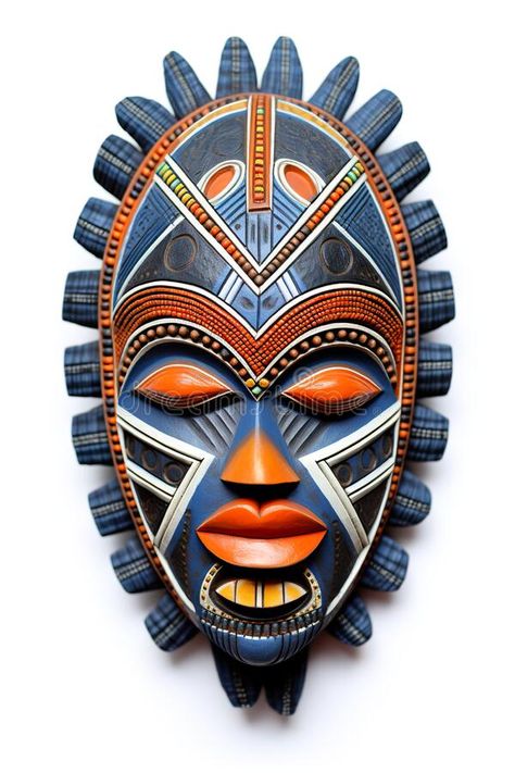 A wooden mask with a blue and orange face. Generative AI image. stock image Wooden Faces Art, African Masks Art, Chinese Mask, Mask Illustration, Africa Art Design, Wooden Mask, Mask Painting, Afrikaanse Kunst, African Sculptures