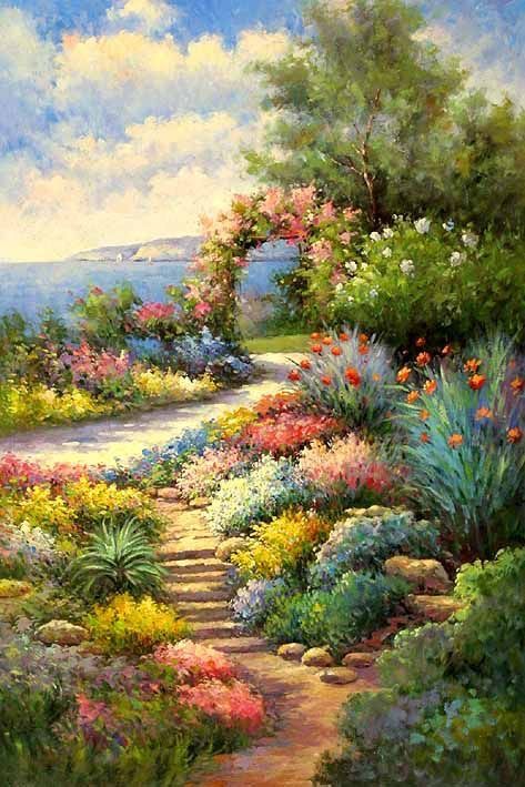 Garden Painting, Art Landscape, 그림 그리기, Beautiful Paintings, Painting Inspiration, Beautiful Gardens, Landscape Art, A Garden, Garden Art