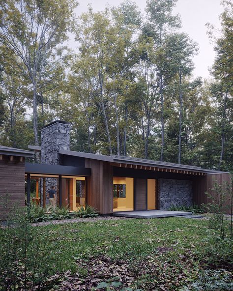 Wood Forest House, Monoslope Roof House, Modern One Story House Exterior, Nordic House Exterior, Forest Modern House, Forest Bungalow, Forest House Modern, Modern Forest Home, Scandinavian House Design Exterior