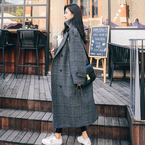 Sienne Double Breasted Plaid Wool Coat | YesStyle Plaid Coat Women, Female Overcoat, Woolen Coat Woman, Long Jackets For Women, Fashion Outerwear, Plaid Wool Coat, Gingham Fashion, Loose Coats, Wool Coat Women