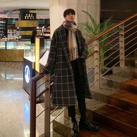 koreanfashion koreanmen koreanboy koreanmenstyle koreanstyle koreanclothes boyoutfit menstyle mensstyle Plaid Overcoat Outfit, Trench Coat Asian, Student Couple, Plaid Overcoat, Plaid Trench Coat, Winter Plaid, Plaid Outfits, Brown Outfit, Plaid Coat