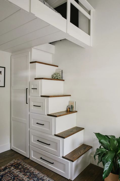 Jessica Parker Kennedy and Ronen Rubinstein House Tour Photos | Apartment Therapy Office Storage Room, Ronen Rubinstein, Tiny House Stairs, Loft Stairs, Loft Ladder, Cabin Bed, Loft Room, Tiny House Interior, House Stairs