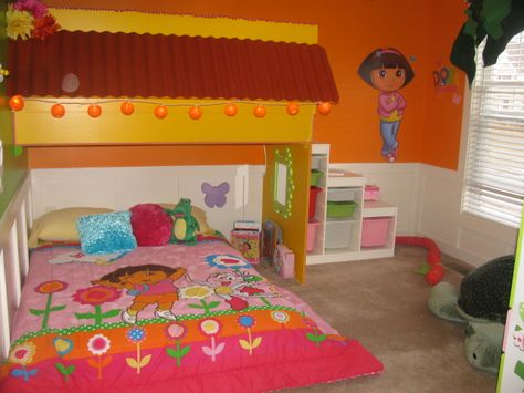 Dora Bedroom with loft play space Dora Bedroom, Childrens Room Ideas, Bedroom With Loft, Vintage Bedding, Daughter Bedroom, Bedroom Decorations, Vintage Bed, Food Stickers, Children's Bedroom