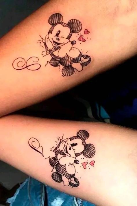 Matching Disney Tattoos, Disney Couple Tattoos, Mickey And Minnie Tattoos, Minnie Tattoo, Mickey Tattoo, Anniversary Tattoo, Wife Tattoo, Father Tattoos, Mouse Tattoos