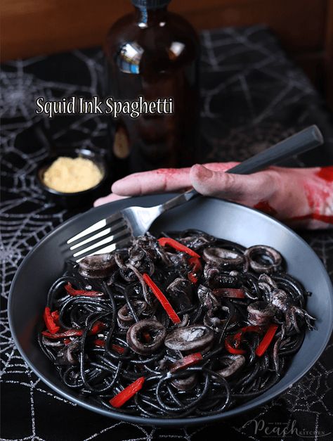 Scary Movie Marathon, Squid Ink Spaghetti, Ink Pasta, Halloween Pasta, A Scary Movie, Squid Ink Pasta, Movie Day, Squid Recipes, Peach Kitchen