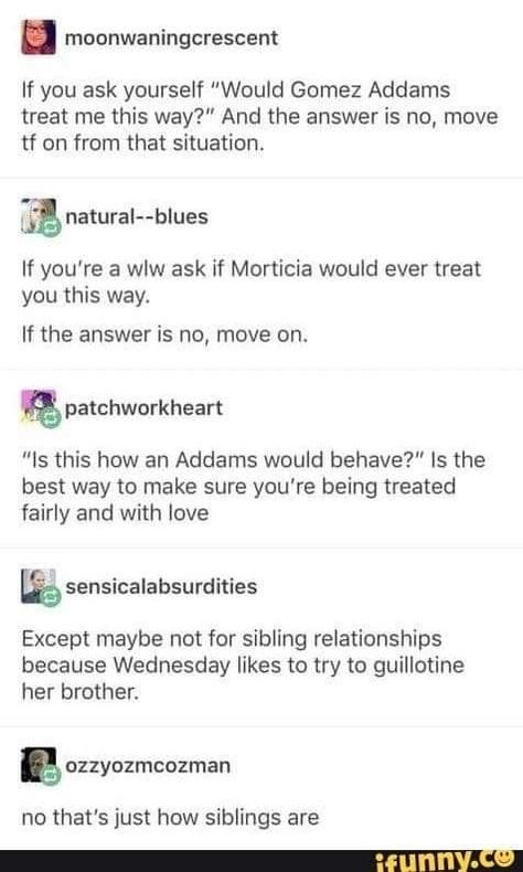 Wlw Tumblr, Addams Familie, Gomez Addams, Sibling Relationships, Adams Family, The Addams Family, Treat You, Ask Yourself, Addams Family