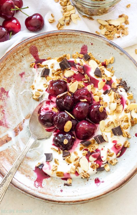 Roasted Cherries, Yogurt Bowl Recipe, Cherry Yogurt, Waitrose Food, Chocolate Greek Yogurt, Roasted Cherry, Yogurt And Granola, Almond Extract, Granola Recipe