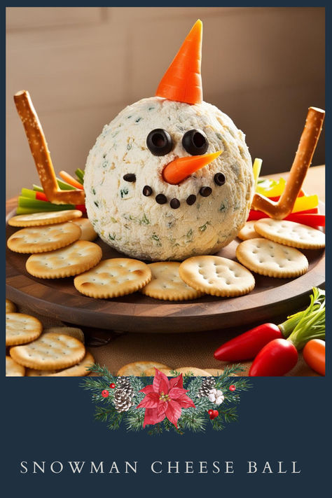 Snowman Cheese Ball – A fun, festive twist on a classic cheese ball.  Ingredients:  Cream cheese Shredded cheddar cheese Ranch dressing mix Black olives Carrot (for nose) Pretzel sticks  Instructions:  Mix cream cheese, cheddar cheese, and ranch dressing mix to form a ball. Shape into a snowman and decorate with black olives for eyes, a carrot for the nose, and pretzel sticks for arms. Serve with crackers and veggies.  📌 Save this cheesy holiday treat for your next party! Cheese Snowman, Snowman Cheese Ball, Classic Cheese Ball, Christmas Cheese Board, Christmas Cheese Boards, Cream Cheese Ball, Cheese Cheddar, Christmas Cheese, Festive Recipes