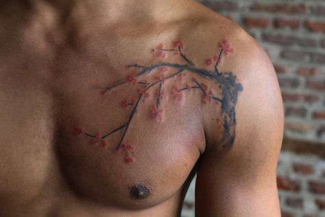 When men think about tattoo designs, a flower isn't generally one of the first things that comes to mind. Yet Cherry blossom tattoos for men (or Sakura Trees in Japanese culture) is something that have… Cherry Blossom Tattoo Men, Tree Tattoo Chest, Cherry Tree Tattoos, Men Flower Tattoo, Cherry Blossom Tree Tattoo, Tato Flash, Tree Tattoo Men, Blossom Tree Tattoo, Tattoo Son