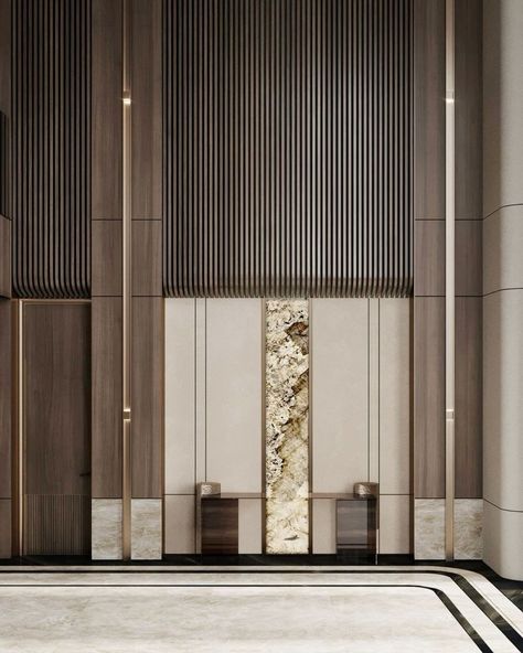 Modern Elevator Lobby Design, Residential Building Lobby Design, Wood Wall Detail, Residential Lobby Design, Entrance Lobby Design, Lift Lobby Design, Residential Lobby, Lift Lobby, Elevator Interior