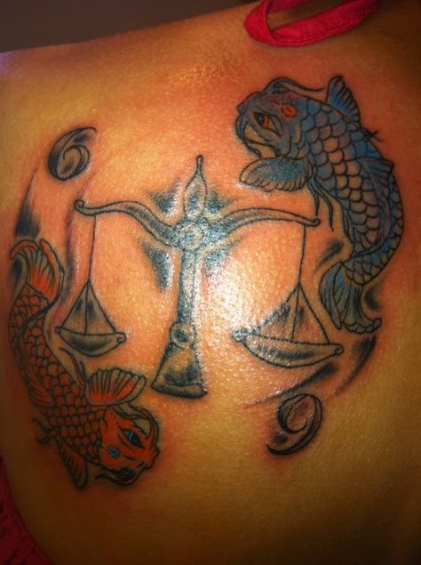 Libra&Pisces <3 Libra And Pices Tattoo, Pisces And Libra Tattoos Together, Pisces Libra Tattoo, Pisces And Libra Tattoo Combined, Libra And Pisces Tattoo, Pisces And Libra Tattoo, Pisces Lady Tattoo, Libra Pisces Tattoo, Two Mermaids Pisces Tattoo