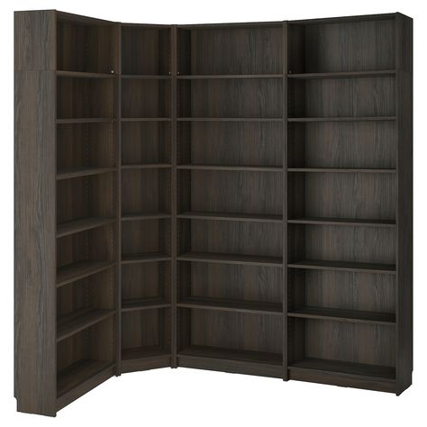 BILLY bookcase corner comb with ext units, dark brown oak effect, 84 5/8/53 1/8x11x93 1/4 ". Main parts/ Side panel: Particleboard. Dark Oak Bookshelf, Ikea Billy Corner Bookcase, Corner Book Shelves, Built In Library Wall, Small Home Library Design, Home Library Aesthetic, Small Home Library, Brown Bookshelves, Bookshelf Corner