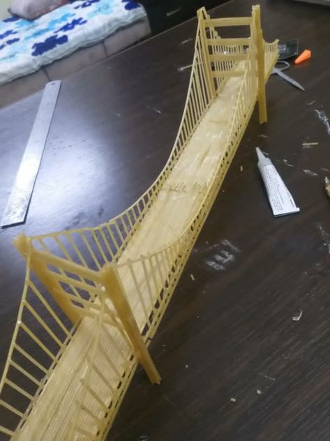 Spaghetti Bridge Project, Toothpick Bridge, Spaghetti Bridge, Paper Model Architecture, New York Bridge, Metal Staircase, Cable Stayed Bridge, Bridge Model, Tooth Pick