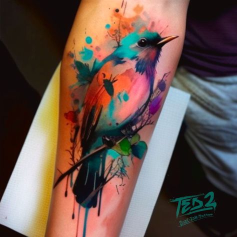 Watercolor Nature Tattoo, Bird Watercolor Tattoo, Finch Tattoo, Watercolor Tattoo Design, Bird Design Tattoo, Tattoo Mom, Bird Tattoo Back, Watercolor Tattoo Ideas, Watercolor Bird Tattoo