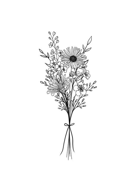 Bunch Of Wildflowers Tattoo, Floral Bouquet Tattoo Design, 7 Flower Bouquet Tattoo, Stemmed Flower Tattoo, Bouquet Of Flower Tattoo, Wild Flower Bouquet Drawing, Small Bouquet Of Flowers Tattoo, Simple Flower Bouquet Tattoo, Fine Line Bouquet Tattoo