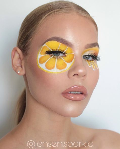 Lemon Face Paint, Orange Fruit Makeup, Orange Face Paint, Lemon Makeup Looks, Oranges Photoshoot, Fruit Inspired Makeup, Fruity Makeup, Fruit Portrait, Lemon Makeup