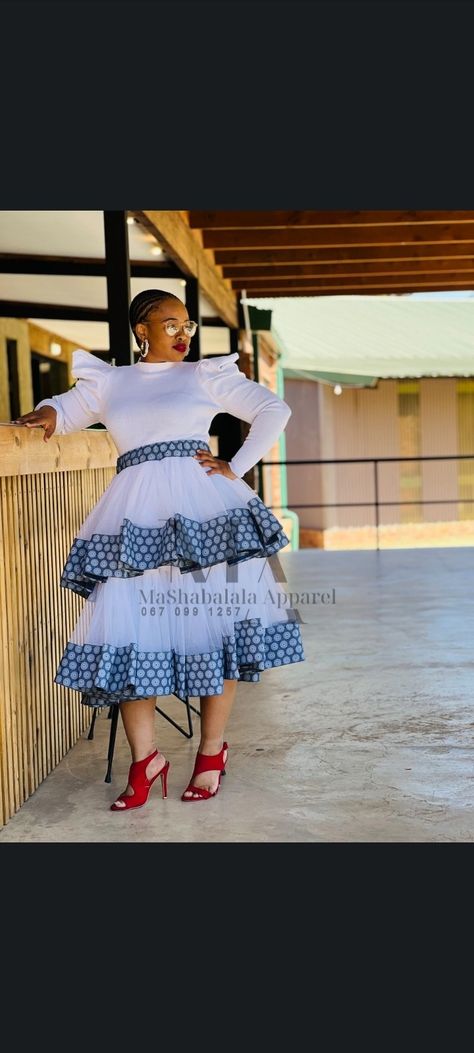 Sishweshwe blue and white skirt South African Traditional Dresses, Shweshwe Dresses, African Fashion Women Clothing, African Traditional Dresses, Traditional Wedding Dresses, Design Dresses, African Fashion Women, Traditional Attire, African Design Dresses