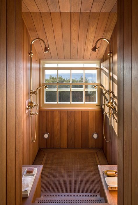 Gorgeous New England beach house in the dunes Studio Bathroom, Beach Style Bathroom, New England Beach House, Gable House, Sea Ranch, Double Shower, Bad Inspiration, Dr House, Powder Rooms