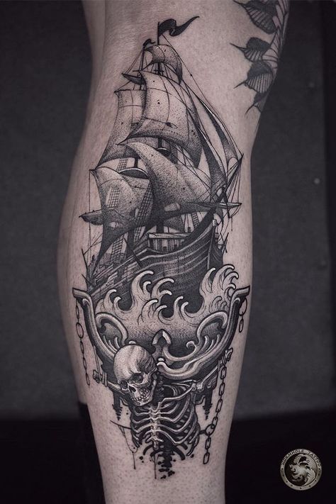 Pirate Ship Tattoo Thigh, Pirate Ship Tattoo Drawing, Kurt Tattoo, Feather Tattoo For Men, Viking Ship Tattoo, Ship Tattoo Sleeves, Pirate Skull Tattoos, Pirate Ship Tattoos, Calf Tattoo Men