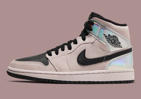 Iridescent Panels Appear On This Air Jordan 1 Mid For Women https://t.co/TrPG0cOHiT Sepatu Air Jordan, Iridescent Shoes, Kd Shoes, Retro Jordans 11, Nike Elite Socks, Jordan Shoes Girls, Nike Air Jordan 1 Mid, Womens Air Jordans, Nike Air Jordans