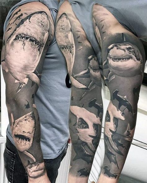 30 Shark Tattoo Sleeve Designs For Men - Marine Life Ink Ideas Shark Sleeve Tattoo, Tattoo Shark, Hai Tattoo, Sea Life Tattoos, Underwater Tattoo, Ocean Sleeve Tattoos, Sketch Tattoos, 22 Tattoo, Octopus Tattoos