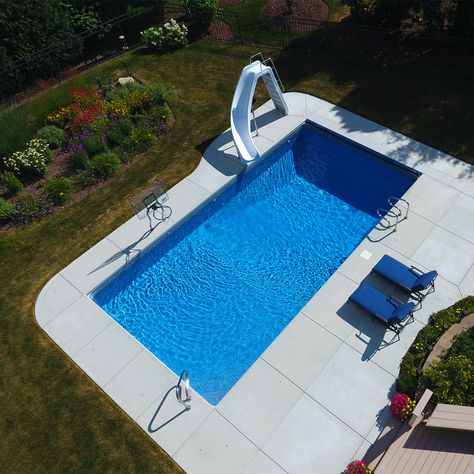 Corner Steps and Curved Slide Rectangle Pool With Slide, Simple Rectangle Pool, Pool Slides Inground, Underground Pool Ideas Backyards, Corner Steps, Swimming Pools Backyard Inground, Pool Concrete, Underground Pool, Pool Print