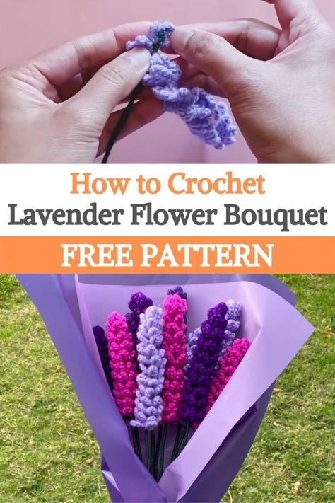 Crochet Lupine Flower, Crochet Lavender Pattern Free, Roses Crochet Pattern Free, Lavender Crochet Tutorial, Lavender Crochet Pattern Free, Free Lavender Crochet Pattern, Always Free Amigurumi Patterns, Lavender Crochet Flower, Crochet Bouquet Free Pattern