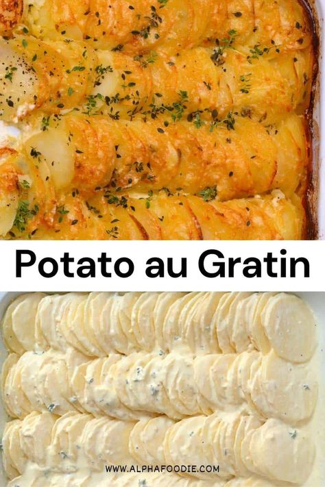 Toss thinly sliced potatoes in a rich and decadent cheesy cream sauce, then bake them in the oven until tender in the middle and browned and crisp on top for incredibly easy yet impressive au gratin potatoes (potatoes dauphinoise). It's perfect for the holidays, special occasions, or mid-week dinners! Home Made Au Gratin Potatoes, Potato Baked Sliced, Sliced Potatoes In The Oven With Cheese, Au Gratin Potatoes Oven, Sliced Potatoes In The Oven, Oven Cheesy Potatoes, Creamy Au Gratin Potatoes, Cheesy Potato Side Dishes, Au Gratin Potatoes Easy