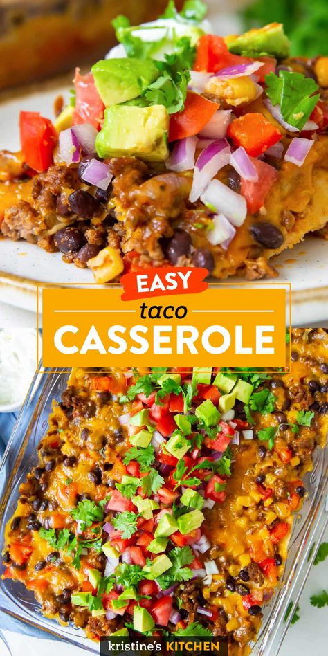 Taco Casserole Low Calorie, Hamburger Meat Recipes Taco Casserole, Southwestern Casserole Ground Beef, Cheesy Taco Casserole Recipes, Southwest Beef Casserole, Taco Casserole For Two, Nacho Dinner Recipes, Beef Taco Casserole With Tortillas, Mexican Taco Casserole Beef