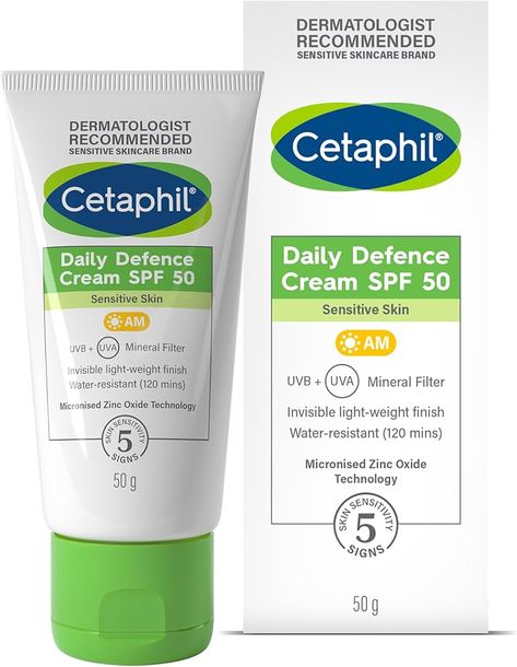 Cetaphil Daily Defence SPF 50 Face Cream, Mineral Sun Cream, Fragrance Free and Non-Comedogenic, 50g : Amazon.co.uk: Beauty Sensitive Skin Care, Amazon Uk, Dermatologist Recommended, Sun Cream, Fragrance Free, Spf 50, Face Cream, Fragrance Free Products, Sensitive Skin