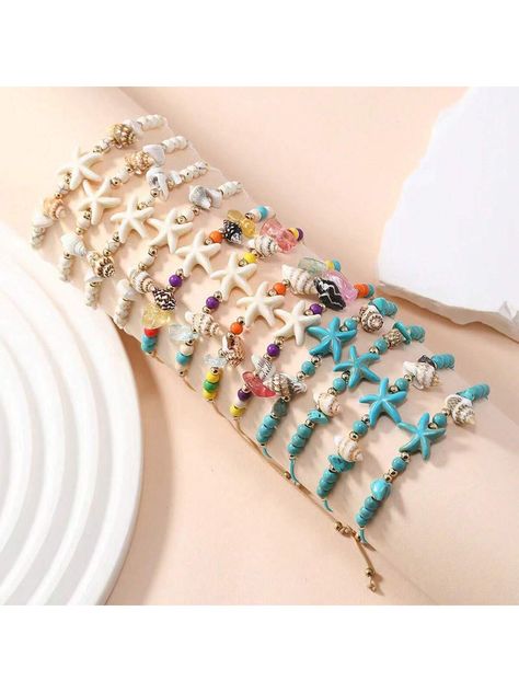 12pcs Ocean Beach Themed Braided Bracelet With Starfish Shaped Turquoise Beads, Shells, And Small Conch Multicolor Vacation   Stone     Women Fashion Jewelry, size features are:Bust: ,Length: ,Sleeve Length: Latest Bracelets, Stella Marina, Bracelet Sets, Women Bracelet, String Bracelet, Watches Women Fashion, Shell Beads, Braided Bracelets, Kids Jewelry