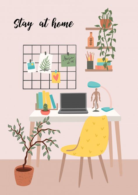 Stay at home. workplace at home.  illust... | Premium Vector #Freepik #vector #house #office #home #laptop Room Office Design, Workplace At Home, At Home Illustration, Asthetic Picture Wallpaper, Office Drawing, Vector House, Home Workplace, Home Illustration, Asthetic Picture