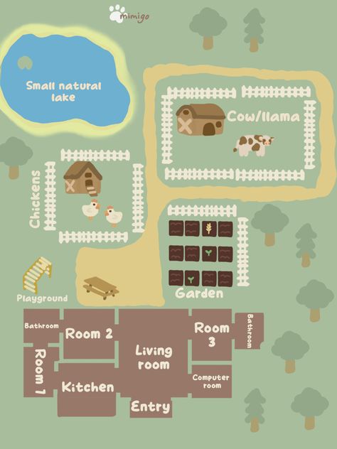 a simple plan i created to inspire you with your wonderful sims builds! You can take this small farm idea to make a wonderful lot with your favourite sims to simulate a farm life! I used the elements in my drawing from the cottage living pack.    #sims   #sims4 #farmhouse #farm #cow #chicken #garden #plan #cheap #simple #fyp #house #farmlife #sims3 #aesthetic #pets #animals #lake #cute #simple #drawing  #cottageliving #cottagecore Sims 4 Cottage Living Farm Layout, Sims 4 Explore Everything, Sims Farmhouse Layout, Farm Layout Drawing, Sims Farm Layout, Sims Legacy House, Cheap Sims 4 House, Sims 4 Small Farmhouse, Sims 4 Small Farm