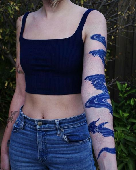 Blue Tattoo Sleeve, Rosie Core, Blue Ink Tattoo, Blue Tattoos, Black And Blue Tattoo, Blue Ink Tattoos, River Tattoo, Hand Tats, Blue Tattoo