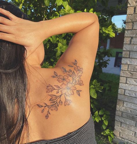 Flower Tattoo Sketch Ideas, Women Arm Wrap Tattoo, Butterfly And Flower Tattoo Shoulder, Around The Shoulder Tattoo, Small Tattoo Placement Ideas Arm, Mom And Daughter Flower Tattoos, Little Leg Tattoos, Cherry Blossom Wrap Around Tattoo, Flower Tattoo Shoulder Blade