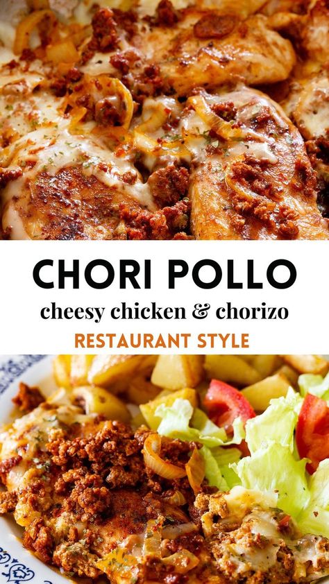 collage of chori pollo with text overlay Chori Pollo Recipe, Chirozo Recipes, Chorizo Recipes Mexican, Chori Pollo, Authentic Mexican Chicken Recipes, Refried Beans Mexican, Chicken Chorizo Recipe, Chorizo Recipes Dinner, Mexican Red Rice