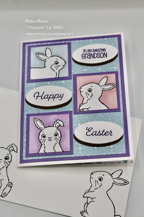 Easter Bunny stamp set combined with greetings from A Grand Kid stamp set make a perfect Easter card for the grandkids! Stampin Up Easter Bunny, Kids Easter Cards, Three Bunnies, Stampin Up Easter Cards, Easter Bunny Cards, Stampin Up Easter, Kids Stamps, Easter Cards Handmade, Easter Religious