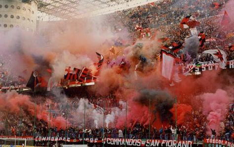 AC Milan fans in the Milan derby. Milan Derby, Milan Wallpaper, Ultras Football, Giuseppe Meazza, A.c. Milan, Artsy Photos, European Cup, Football Stadiums, European Football