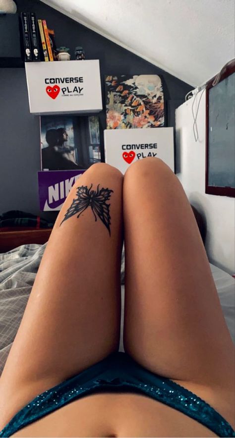 Women’s Leg Tats, Tattoos Over The Knee, Butterfly Tattoo On Knee For Women, Butterfly Tattoo Back Of Leg, Upper Leg Tattoos For Women Thigh Tat Butterfly, Badass Leg Tattoos For Women, Edgy Leg Tattoo, Leg Tattoos Feminine, Butterfly Tattoo Upper Thigh