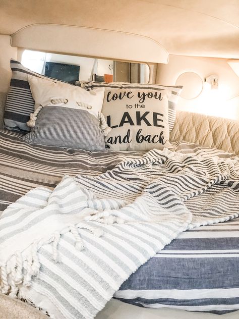 Pillows For Boat, House Boat Renovation, V Berth Bedding Boats, Boat Cuddy Cabin Ideas, Boat Interior Decor, Boat Cabin Decor, Boat Slip Decorating Ideas, House Boat Decor, Cuddy Cabin Boat Interior Ideas