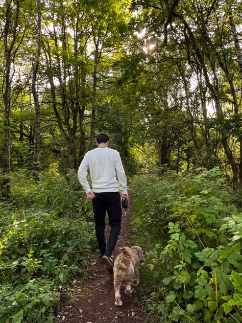 Summer Dog Walking Outfit, Calm Boy Aesthetic, Man With Dog Aesthetic, Walking Dogs Aesthetic, Walking The Dog Aesthetic, Walks With Boyfriend, Couple With Dog Aesthetic, Dog Walk Aesthetic, Boy Next Door Aesthetic