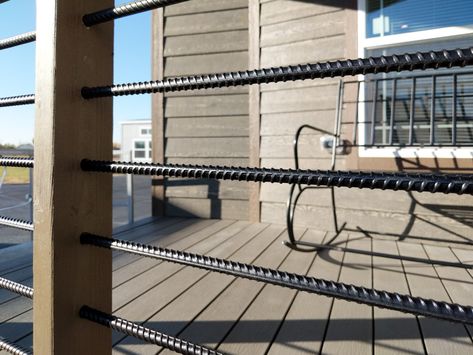 Rebar Railing, River House Plans, Deck Railing Diy, House Awnings, Deck Railing Design, Wood Fence Design, Doomsday Preppers, Porch Remodel, Railings Outdoor