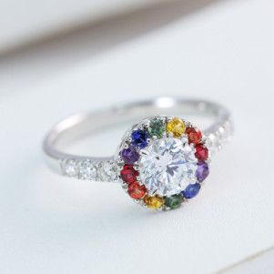 Lesbian Engagement Ring, Lesbian Wedding Rings, Relationship Rings, Lesbian Engagement, Unusual Wedding Rings, Pride Jewellery, Round Halo Engagement Rings, Rainbow Sapphires, Rainbow Rings