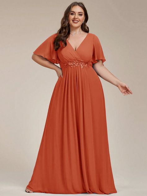 Elegant V-Neck Embroidered Chiffon Dress With Ruffled Sleeves Burnt Orange   Short Sleeve Chiffon Plain A Line Non-Stretch  Weddings & Events, size features are:Bust: ,Length: ,Sleeve Length: Plus Size Evening Gown, Chiffon Evening Dresses, Formal Evening Dress, Evening Dresses Plus Size, Ever Pretty, Affordable Dresses, Maxi Dress Evening, Floral Applique, Orange Dress