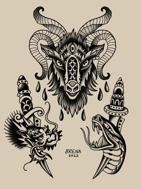 Dark Black Traditional Tattoos, Traditional Tattoo Art Chest, American Traditional Baphomet Tattoo, Black And Grey Flash Sheet, American Traditional Occult Tattoo, Old Skool Tattoo Design, American Traditional Ram Tattoo, Black And Grey American Traditional Tattoo, Aries Traditional Tattoo