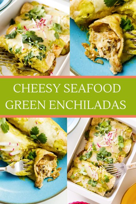 Cheesy Seafood Green Enchiladas are a creamy green sauce recipe full of shrimp and crab and cheese. A seriously good enchilada recipe! Shrimp And Spinach Enchiladas, Shrimp And Crab Enchiladas Recipe, Salmon Enchiladas Recipe, Crab Enchiladas Green Sauce, Green Shrimp Enchiladas, Chi Chi Seafood Enchiladas, Halibut Enchiladas Recipe, Shrimp Enchiladas Recipes Easy, Shrimp Enchiladas With Green Sauce