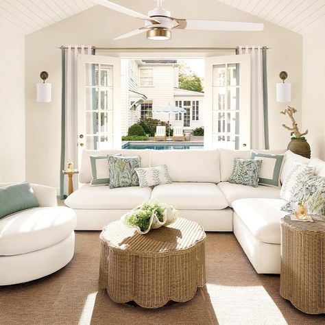 Embracing serene hues and natural textures 🌿 In this coastal-inspired space we've blended soft white and calming greens, creating a tranquil oasis perfect for relaxation. The woven accents add a touch of organic charm, seamlessly connecting the room with the outdoor views. Shop the look in bio. Colorado Kitchen, Banquette Dining, Elegant Outdoor Furniture, Outdoor Umbrella Stand, Chaise Lounge Sofa, Daybed With Storage, End Of Bed Bench, Rug Runner Kitchen, Outdoor Furniture Collections