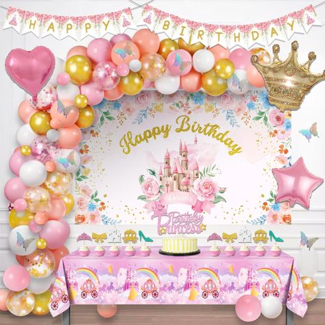 PRICES MAY VARY. 💗 WHAT A MAGICAL WONDERLAND – There’s nothing sweeter than a princess-themed party. These pastel princess-themed party decorations are in a lovely and stylish vibe. The elements of castle, butterfly, and flowers are dreamy and perfectly match your party. Oh, your princess is on her carriage. Welcome to the fairy tale. 👑 PRINCESS BIRTHDAY PARTY DECORATIONS INCLUDES - 55 x 12’ latex balloons | 20 x 12’’ confetti balloons | 20 x 5’’ latex balloons | 3 x foil balloons | 12 x 3D la Backdrop Balloon Garland, Pink Princess Birthday, Butterfly Party Favors, Princess Birthday Decorations, Backdrop Balloon, Pastel Princess, Princess Birthday Party Decorations, Happy Birthday Princess, Princess Party Decorations